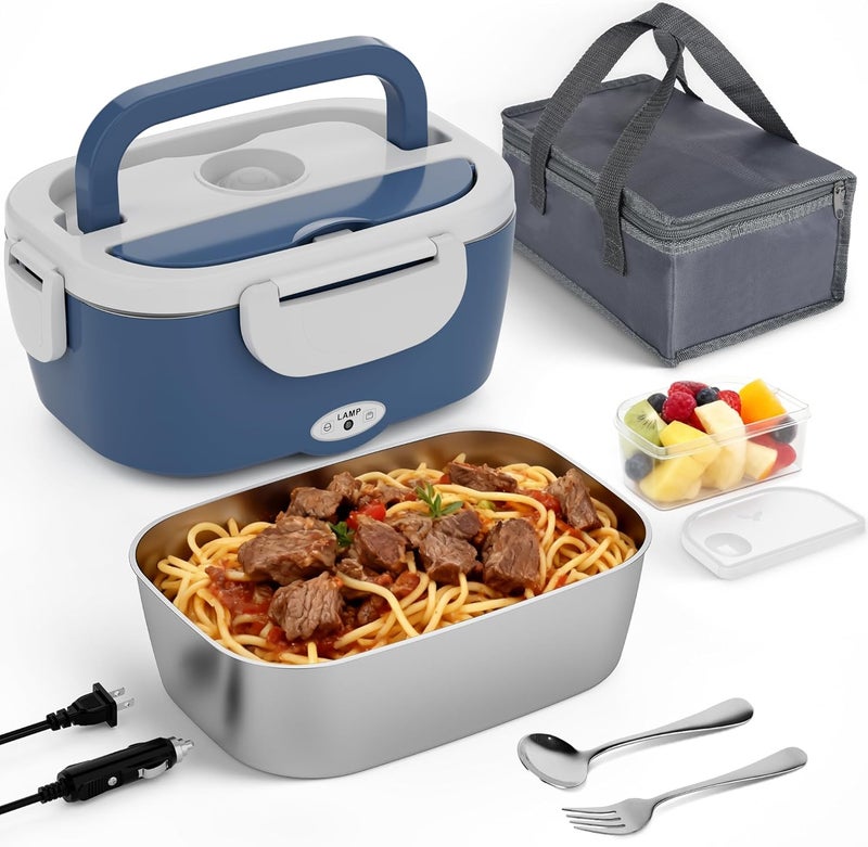 Electric Lunch Box for Adults, 80W Rapid Heated Lunch Box for Car/Truck/Office/Travel with 1.5L Stainless Steel Container Fork & Spoon & Insulated Bag, 12V/24V/110V